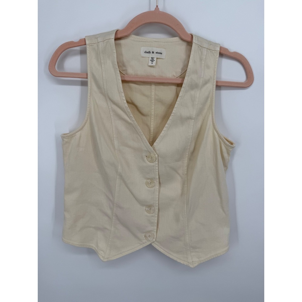 Cloth & Stone Vest Womens Small Cream Button Front V-Neck Tencel Blend Minimal